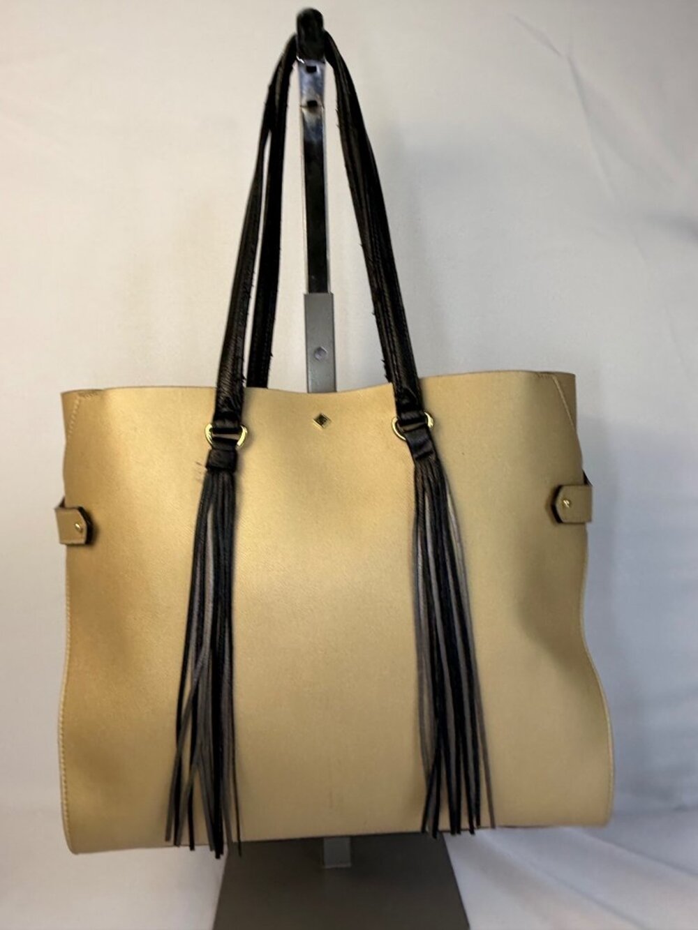 Beige Large Shoulder Tote Satchel Bag Faux Leather Black Fringe Detail